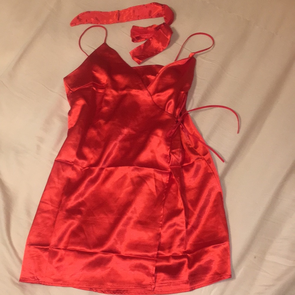 Red satin tie dress with matching choker